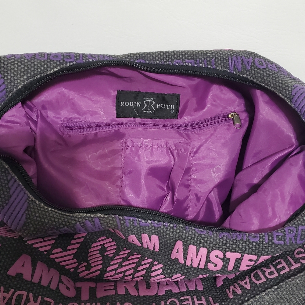 Robin Ruth Amsterdam Text Print Purple and Pink Women's Hobo Bag 100% Cotton - Picture 6 of 10